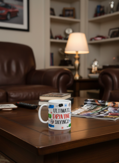 White mug with red text on a polished dark wood table. Soft focus on rolled brown leather furniture and an illuminated lamp.