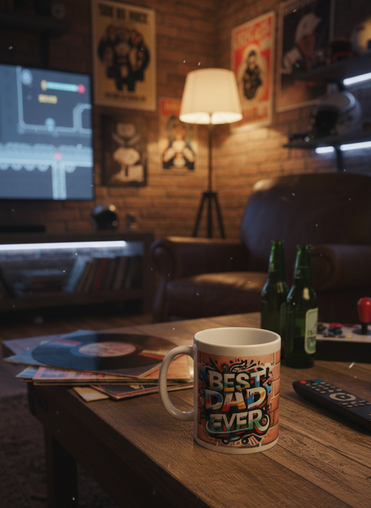 Warmly lit lounge scene. White ceramic mug reads "BEST DAD EVER" in graffiti colours, on a wooden table with records and beer bottles.
