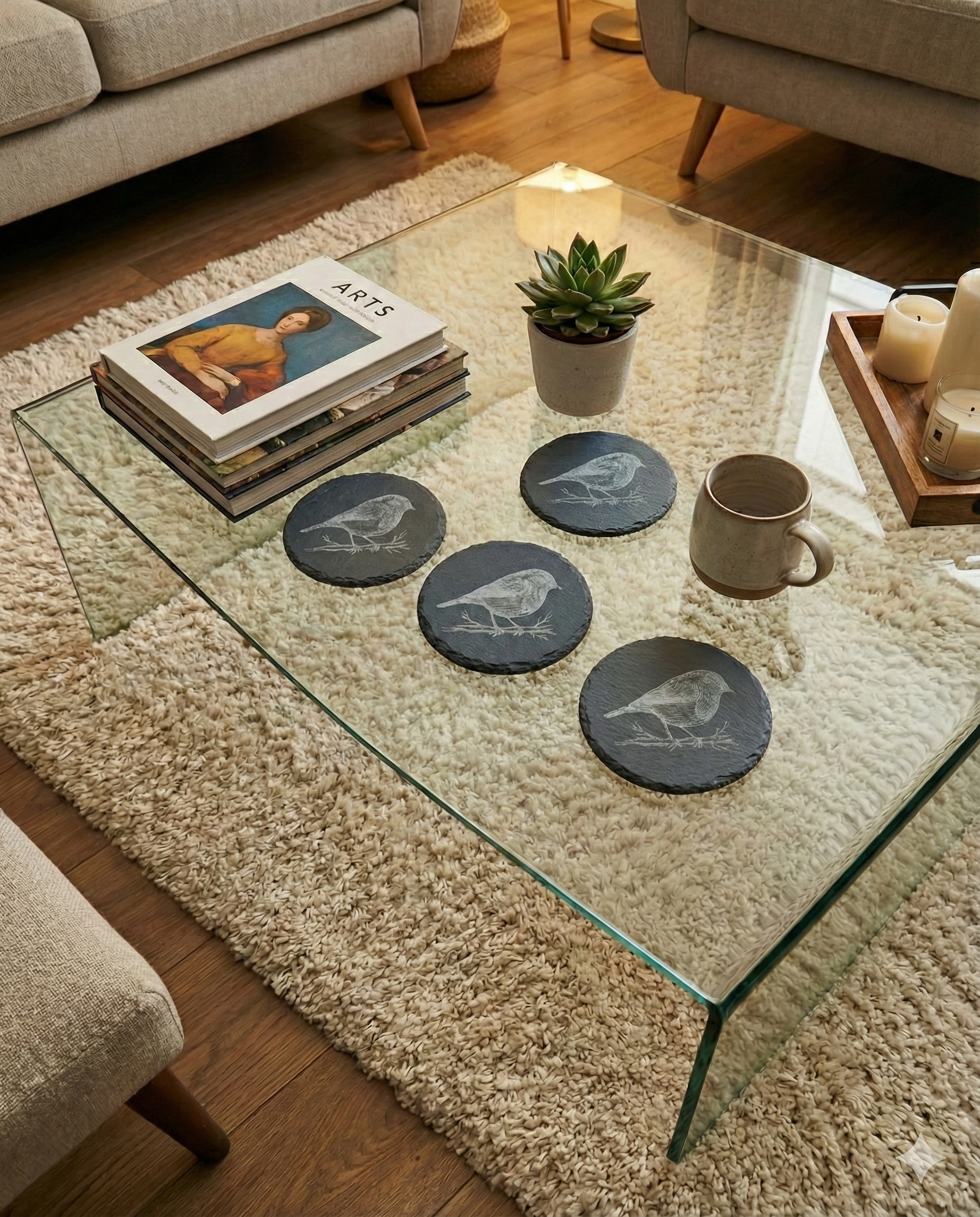 Rectangular waterfall glass table on thick beige shag rug. Four circular dark slate bird coasters are arranged near books and a ceramic mug.