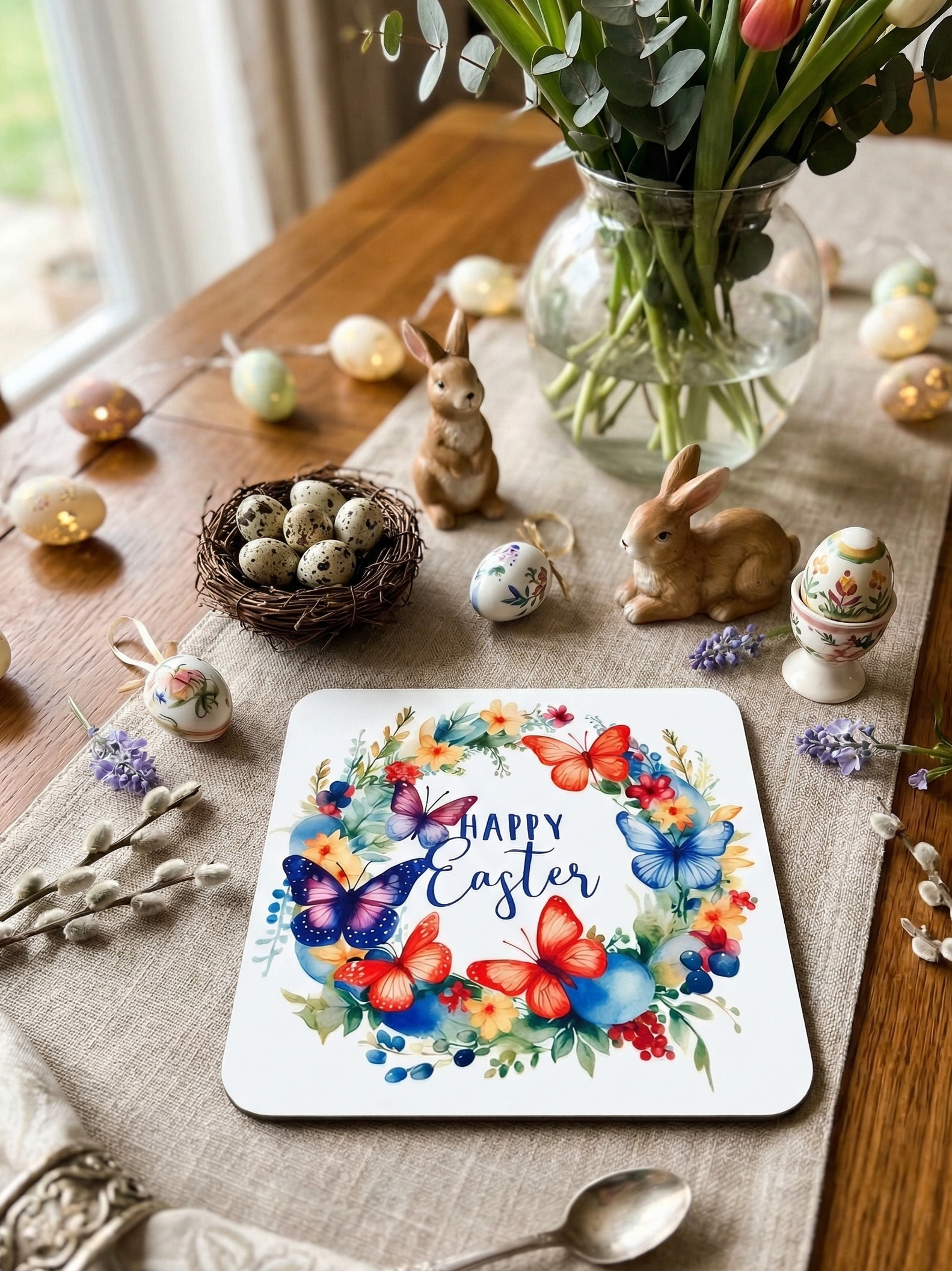 A square mat with a wreath of blue and red butterflies on a linen runner, beside ceramic rabbits and speckled eggs.