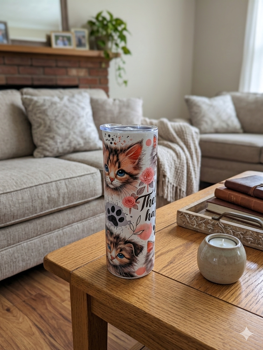 Tall tumbler with ginger tabby kittens, pink roses, and a black paw print on a wooden table in a cosy, sunlit lounge.