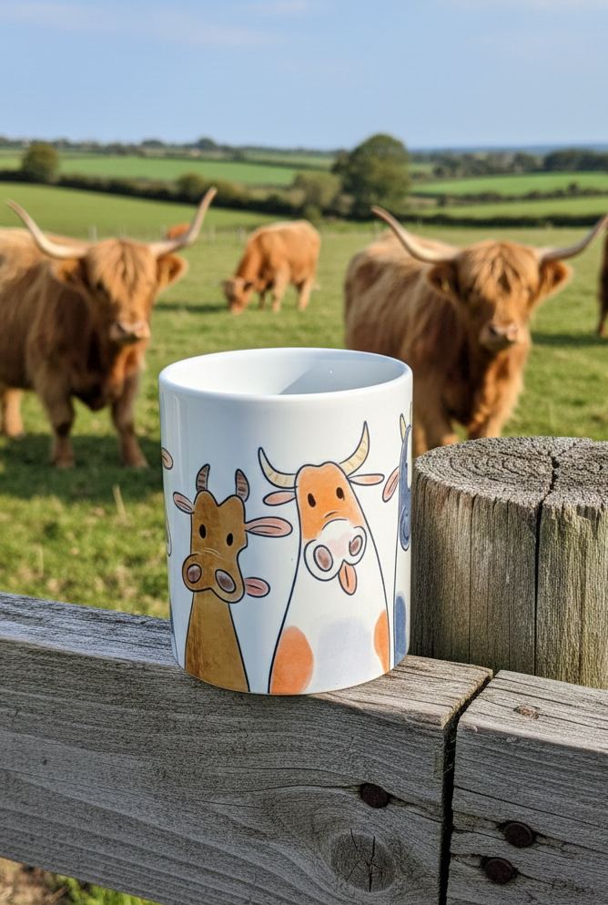 White mug featuring cartoon cows on a fence post. Blurred Orange Highland cattle with long horns stand in the deep green background.