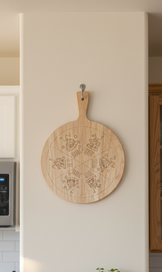 Round, engraved wooden pizza board hangs above a rustic floating shelf. The shelf holds two white jars and a small green plant.