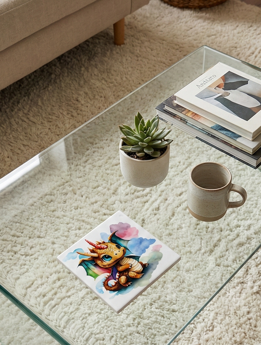 Watercolour dragon coaster on a clear glass table. Nearby: a succulent, speckled mug, and shaggy cream rug texture.
