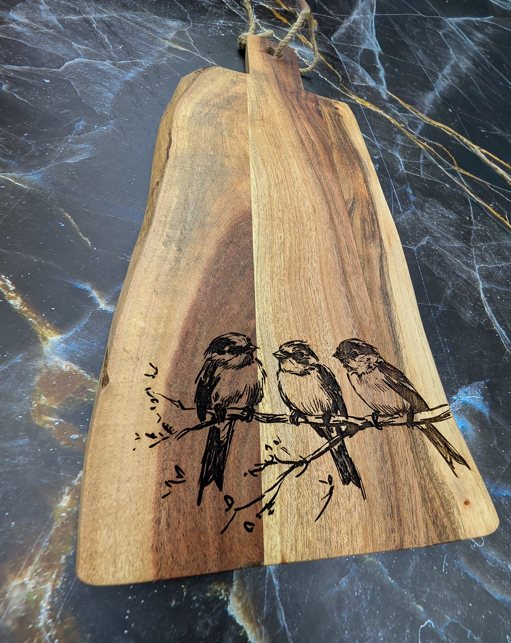 3 Birds Acacia Server Board 50cm x 20cm - A & C Creative Concoctions