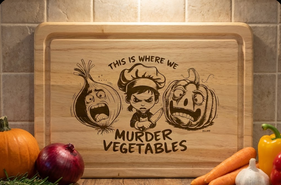 Warmly lit close-up of the light wood chopping board with dark engraving. Dark red onion, carrots, and garlic sit beneath.