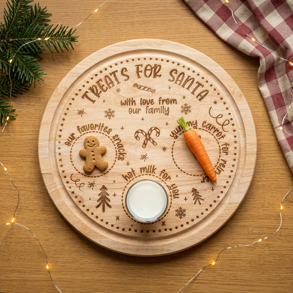 A round wooden serving board engraved with holiday-themed text and illustrations, including 'TREATS FOR SANTA' and 'with love from our family,' styled on a wooden table with a small bowl of milk, a gingerbread cookie, a carrot, evergreen branches, fairy lights, and a red-and-white checkered cloth.
