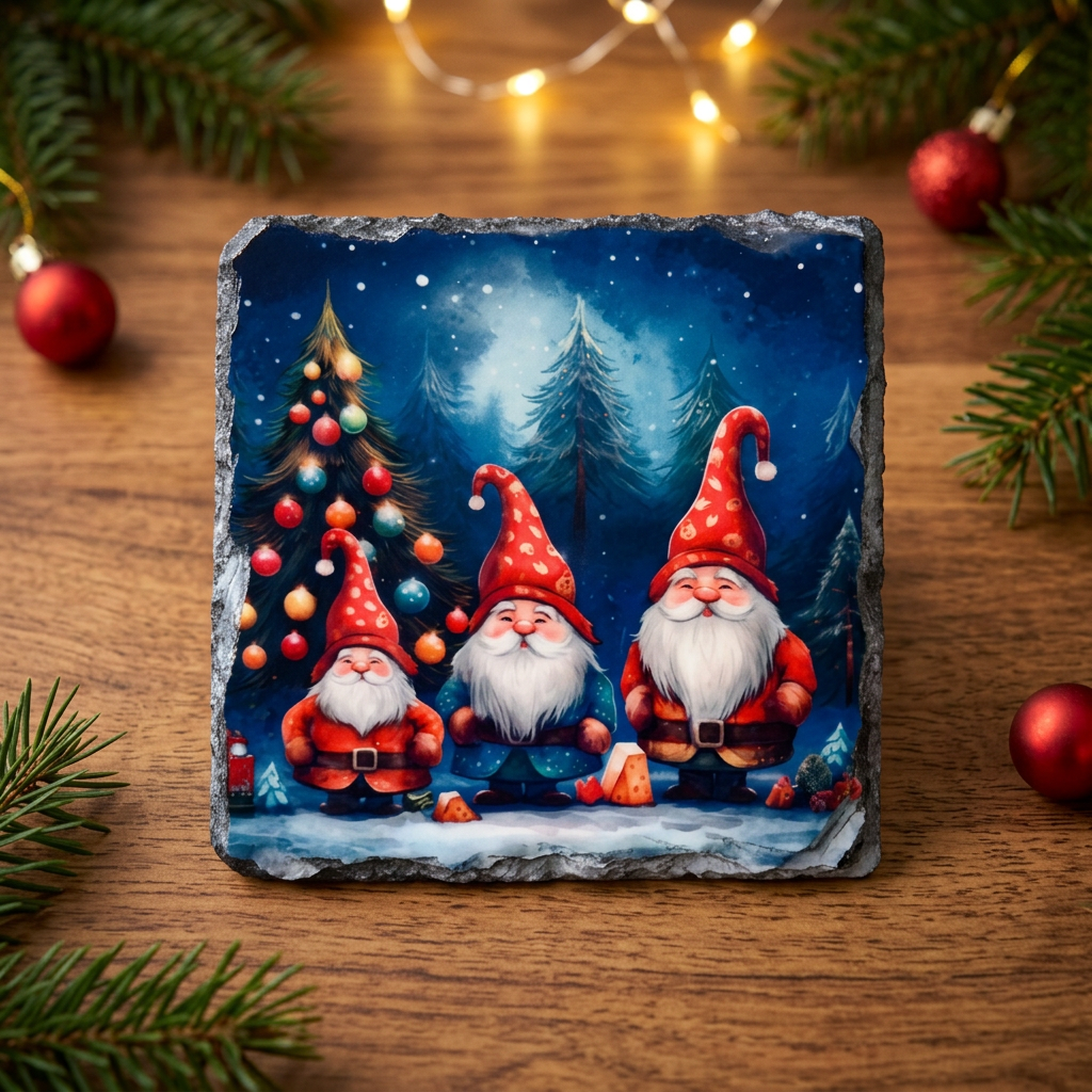 Three Christmas gnomes slate coaster in festive scene