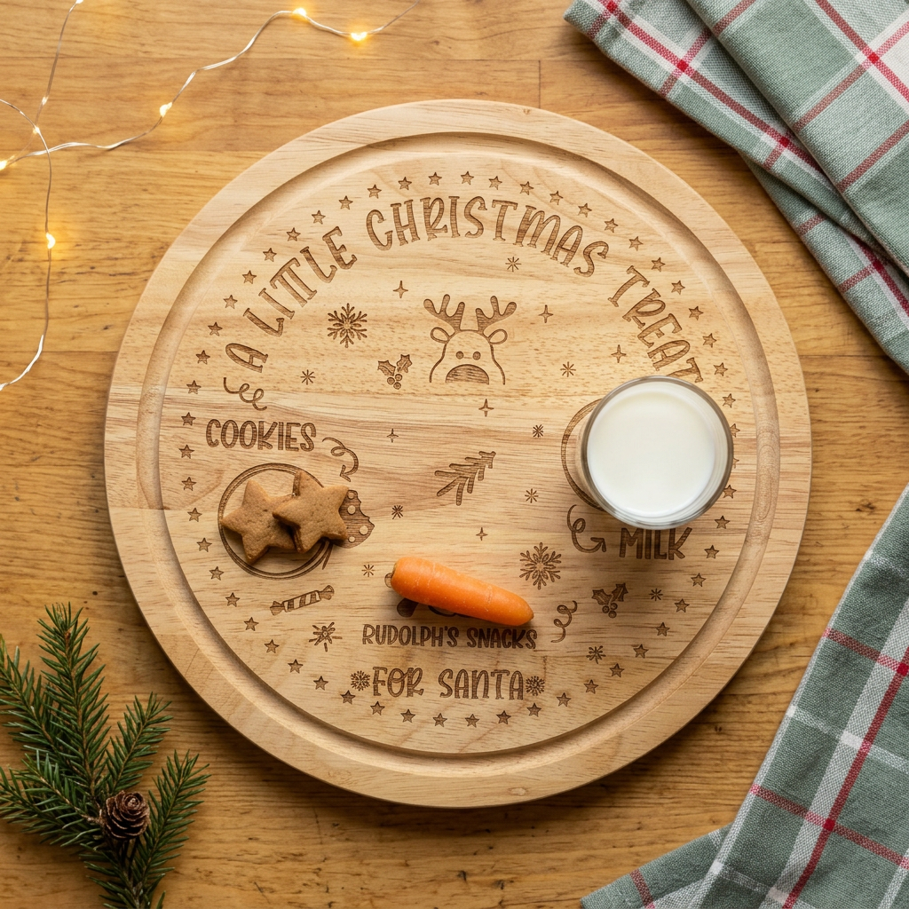 A Little Christmas Treat board lying flat on a worktop with cookies, a glass of milk and a carrot