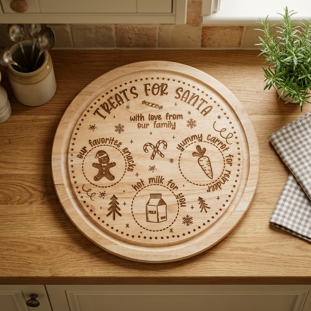 A round wooden serving board engraved with holiday-themed treats for Santa, displayed on a wooden kitchen countertop with a plant and checkered cloth nearby.