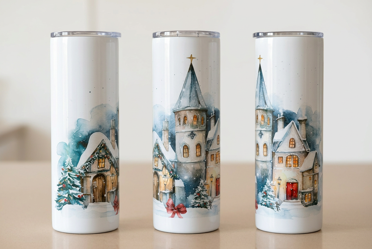 Christmas village tumbler – three views of one design