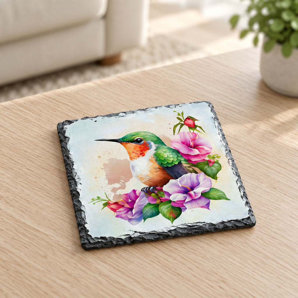 Single slate coaster featuring a green hummingbird with pink and purple flowers on a light oak table
