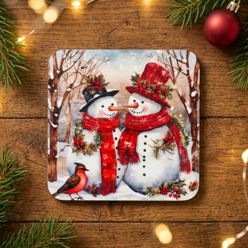 Two snowmen and robin coaster in festive scene