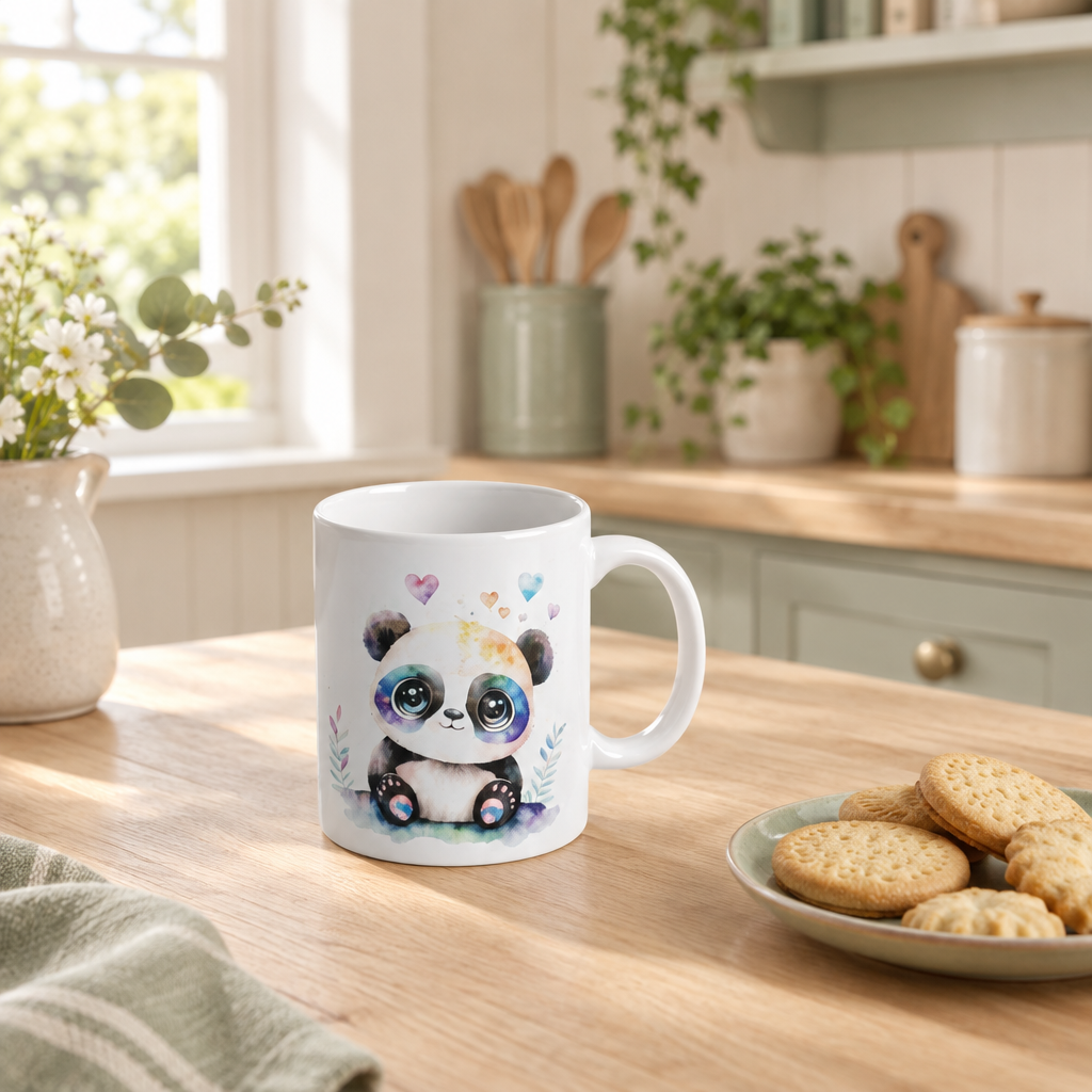 A white ceramic mug with a cute watercolor panda illustration sits on a wooden table in a bright kitchen setting, with cookies on a plate nearby.