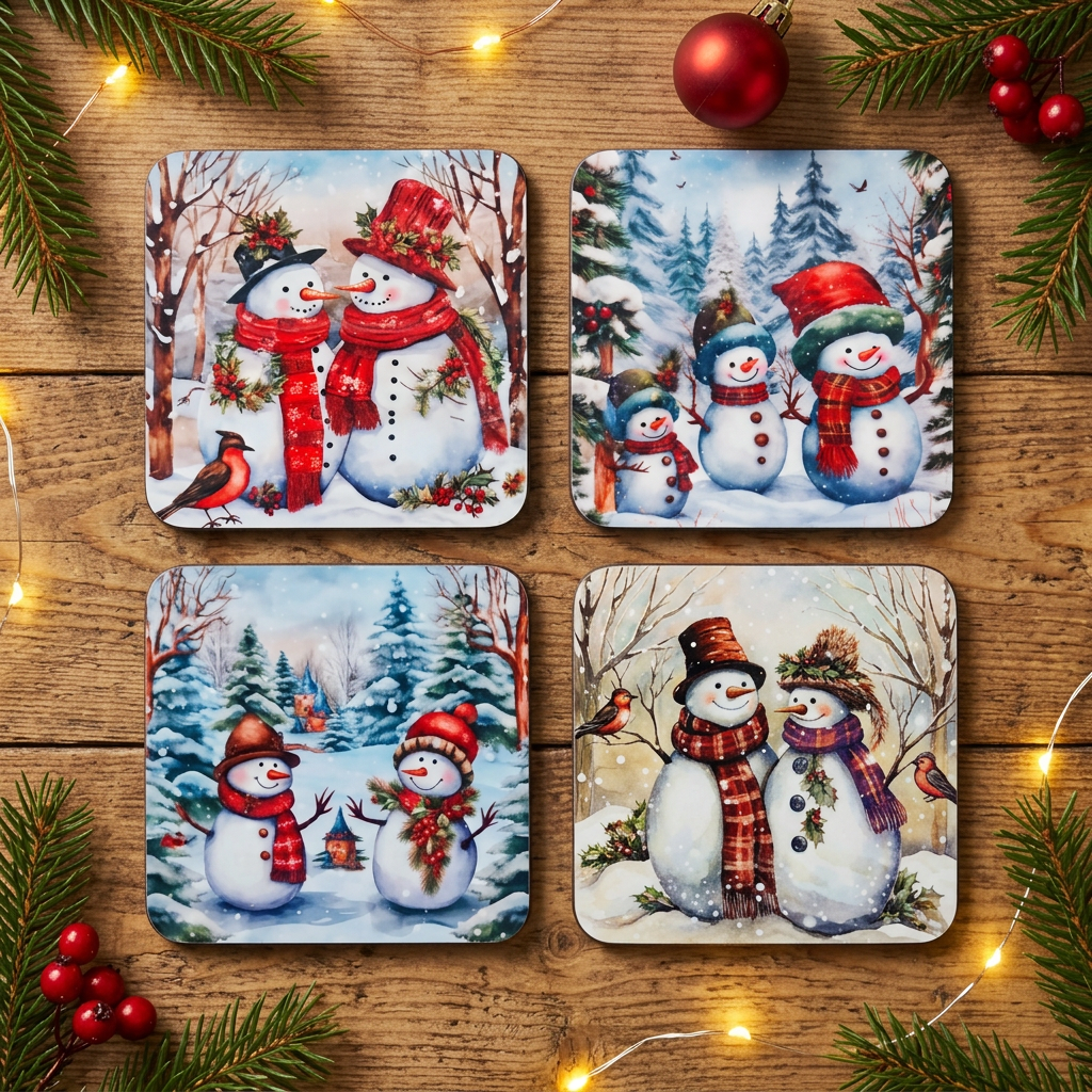 All four snowman coaster designs together on a festive backdrop