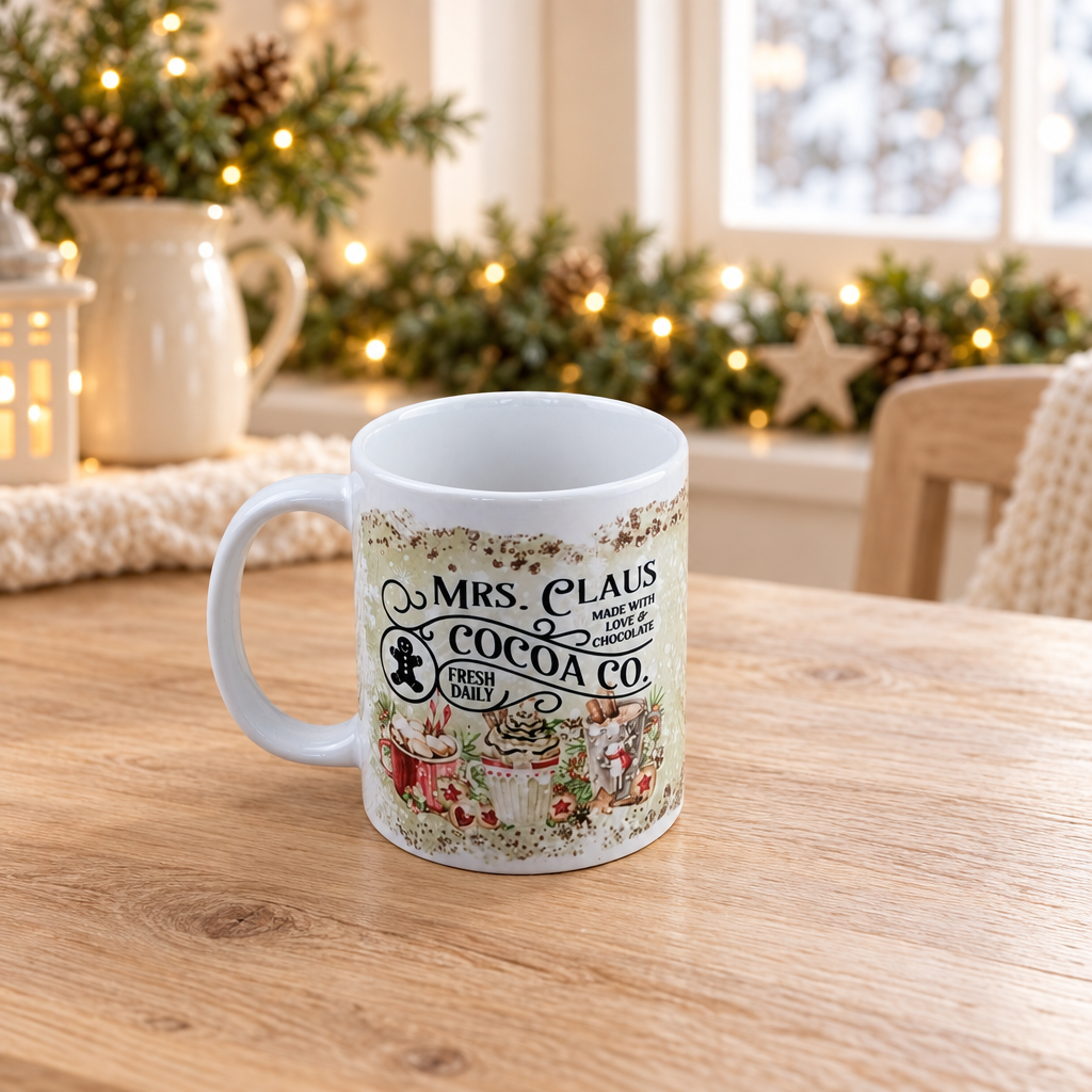 Mr and Mrs Claus ceramic mugs in a festive cottage-kitchen setting, third view
