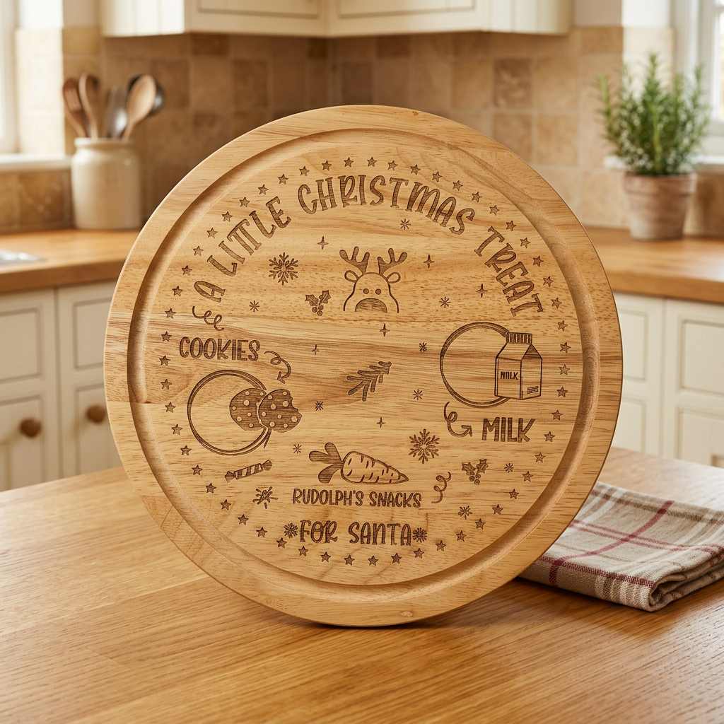 Round A Little Christmas Treat wooden board with engraved spaces for cookies, milk and Rudolph’s snacks
