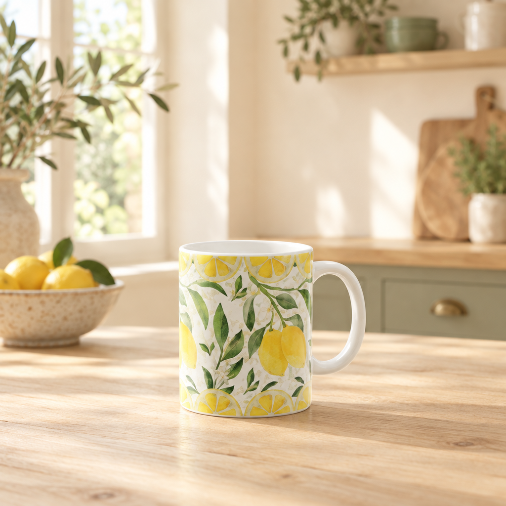 A white ceramic mug with a yellow lemon and green leaf pattern, sitting on a light wooden table in a bright kitchen setting.