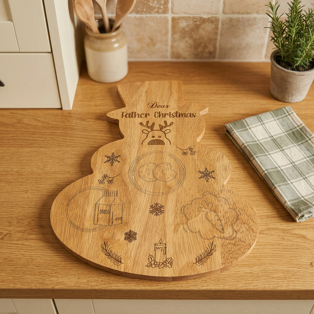 Snowman shaped wooden Christmas Eve board engraved Dear Father Christmas with biscuit, milk and carrot illustrations