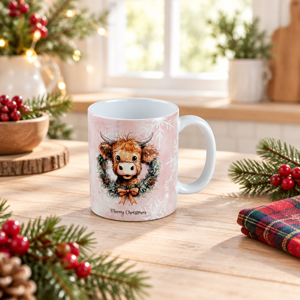 A white ceramic mug with a festive Christmas design featuring a Highland cow in a wreath, set on a wooden table surrounded by holiday decorations like pine branches, red berries, and a plaid cloth.