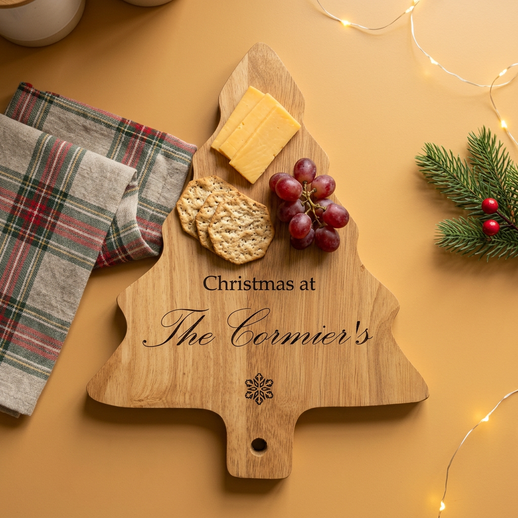 Personalised Christmas tree wooden board lying flat with cheese, crackers and grapes for festive entertaining