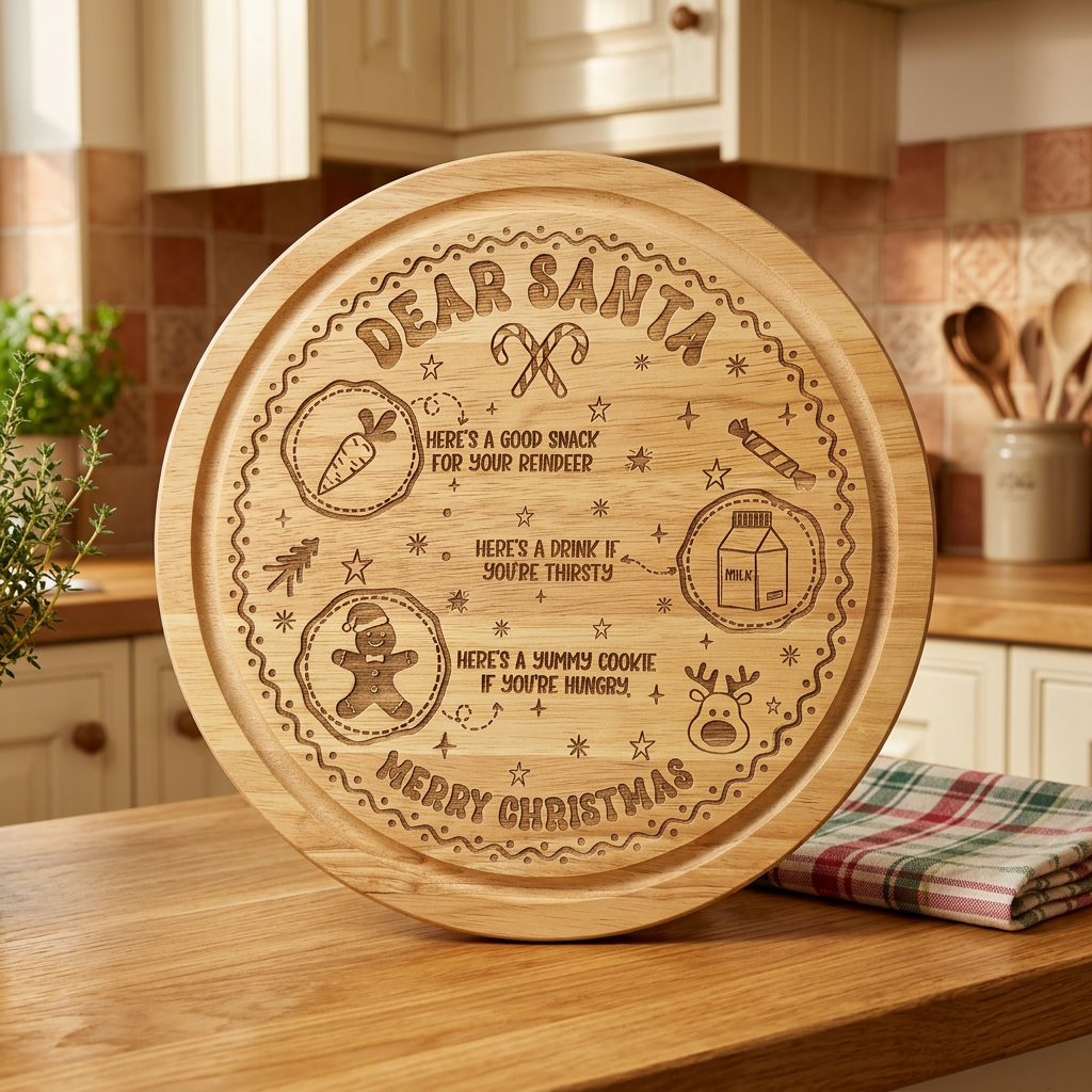 Round wooden Dear Santa Christmas Eve board with engraved spaces for a carrot, drink and cookie