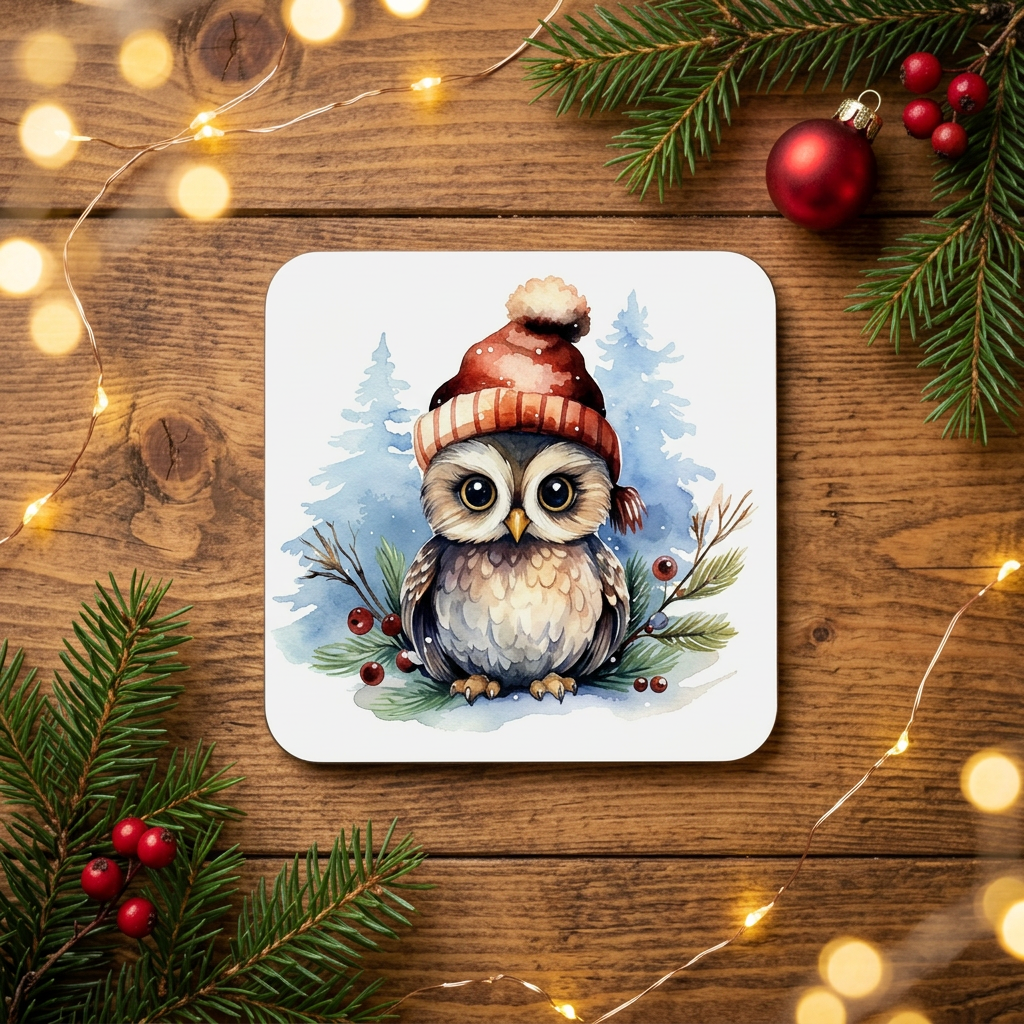 A square white coaster with rounded corners featuring a watercolor illustration of a cute owl wearing a red and orange knit hat, set on a rustic wooden table decorated with pine branches, red ornaments, and warm fairy lights.