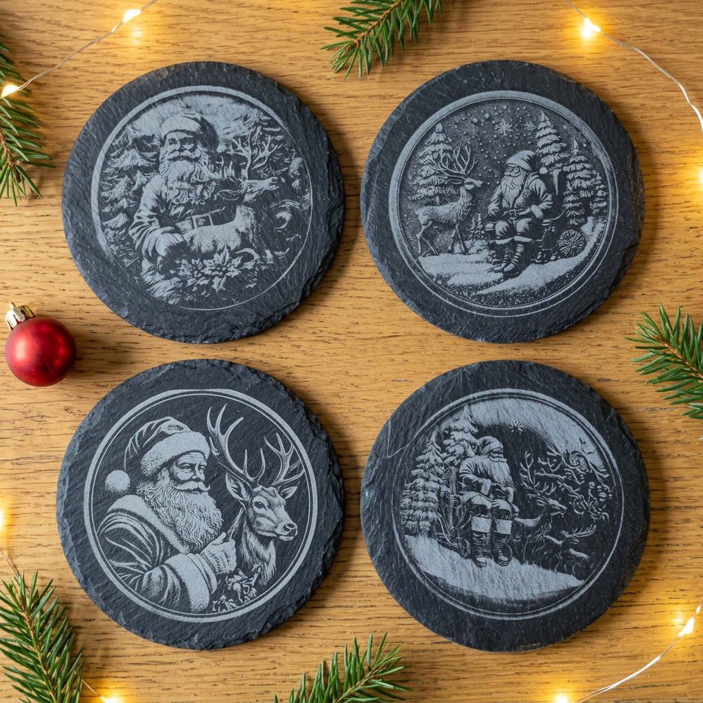 Set of four engraved Christmas slate coasters in a festive scene