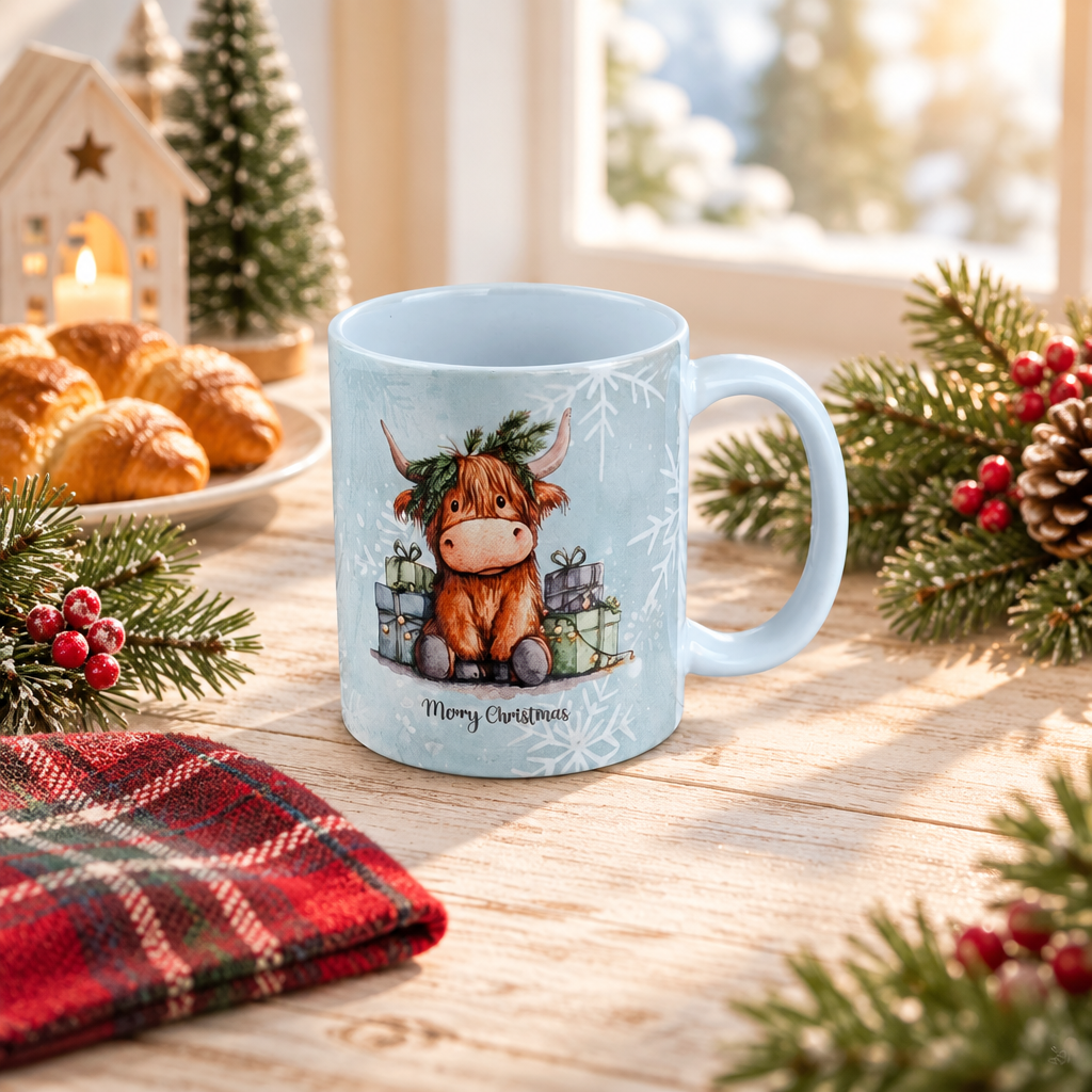 A light blue ceramic mug with a Christmas Highland cow illustration and 'Merry Christmas' text, styled on a wooden table with holiday greenery, pastries, and a window in the background.