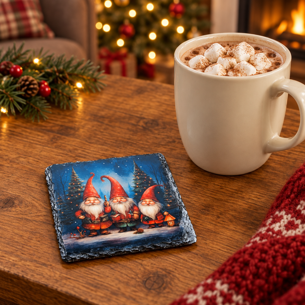 Slate coaster featuring three Christmas gnomes in red outfits on a wooden table beside hot chocolate.