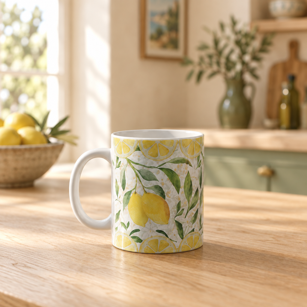 A white ceramic mug decorated with a yellow lemon and green leaf pattern, sitting on a wooden table in a warm, sunlit kitchen setting.