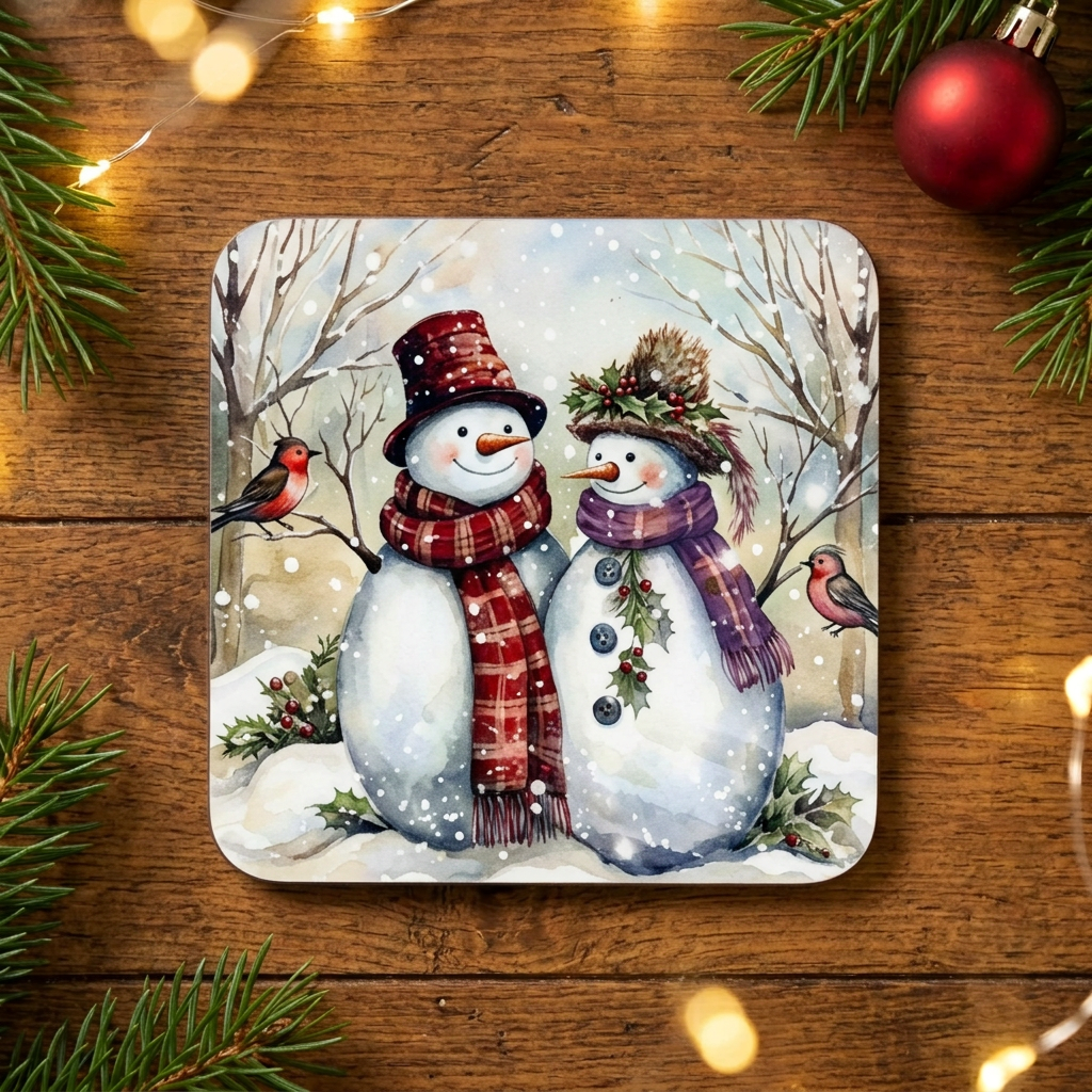 Original snowman coaster design on matching festive backdrop