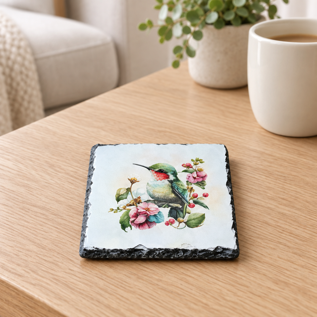 A square slate coaster featuring a colorful illustration of a hummingbird and pink flowers, resting on a light wood table next to a white mug.