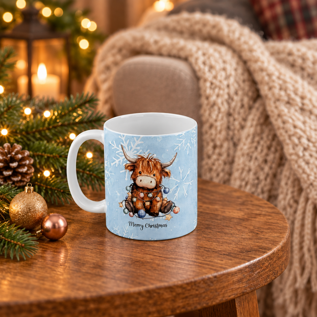 A light blue ceramic mug with a white handle, featuring an illustration of a Highland cow in winter clothing and the text 'Merry Christmas' at the bottom. The mug is placed on a wooden table in a cozy, festive setting with a knitted blanket, Christmas lights, and pine branches in the background.