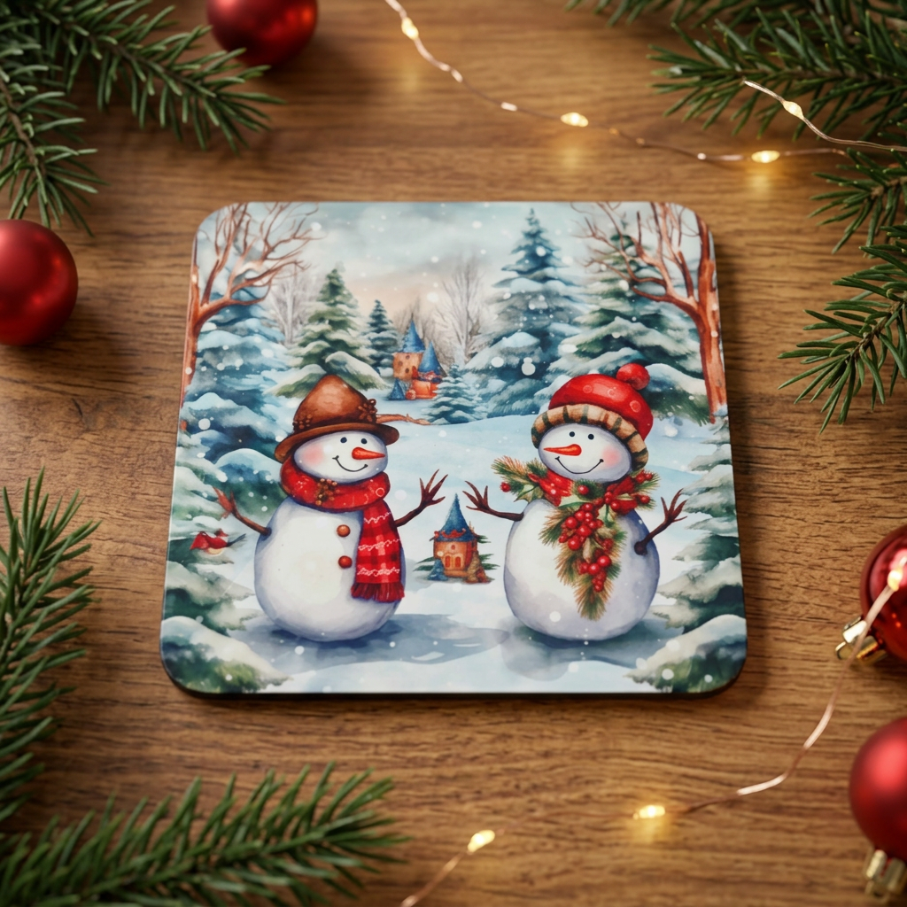 Two snowmen and lantern coaster in festive scene