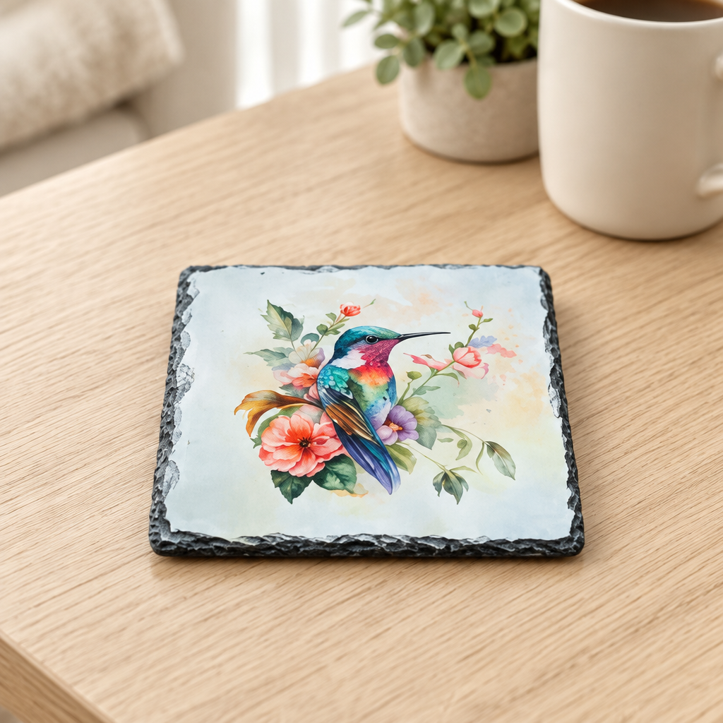 A square slate coasters featuring a colorful painted hummingbird and pink flowers, resting on a light wood table next to a white mug and a potted plant.