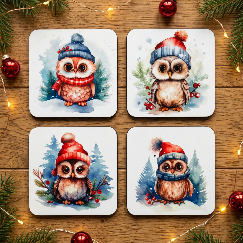Four square coasters featuring watercolor illustrations of cute owls in winter hats and scarves, arranged in a 2x2 grid on a wooden surface with pine branches, fairy lights, and red ornaments.