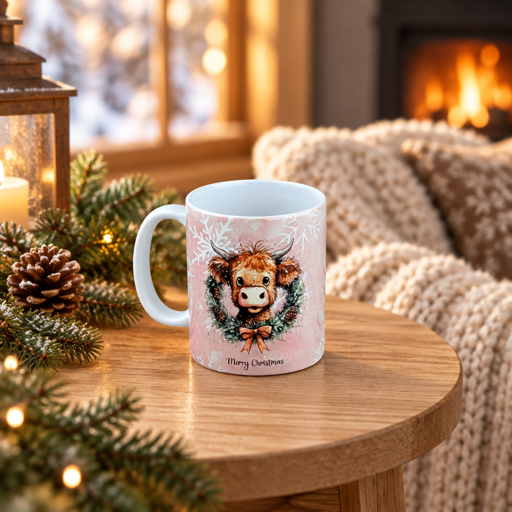 A white ceramic mug with a pink winter design featuring a cute Highland cow in a wreath, styled on a wooden table in a cozy living room setting with a fireplace and holiday decorations.
