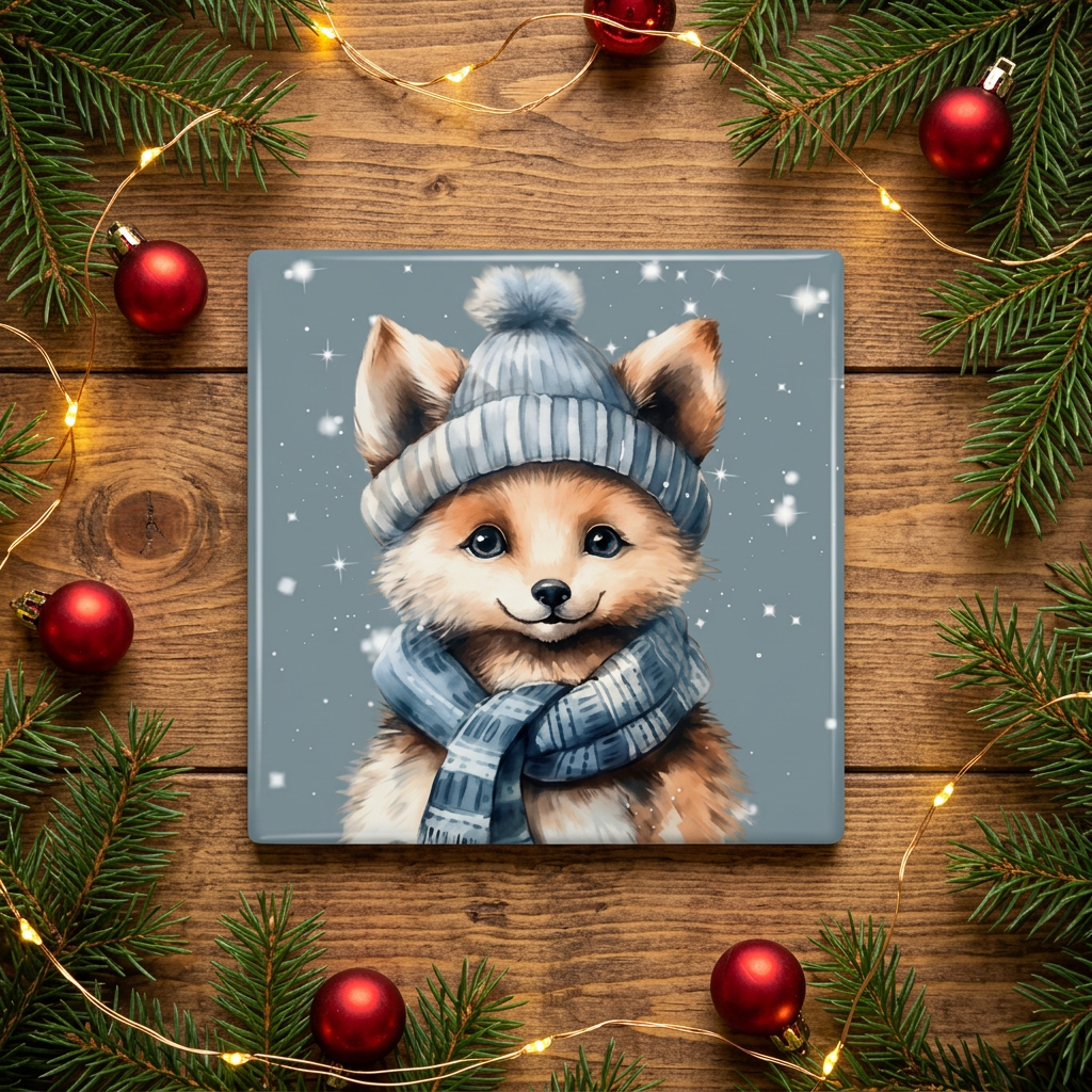 Fox Christmas coaster on festive wooden backdrop
