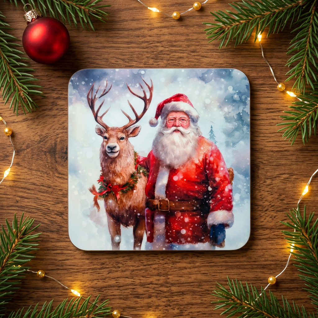 Santa and deer portrait coaster in festive scene