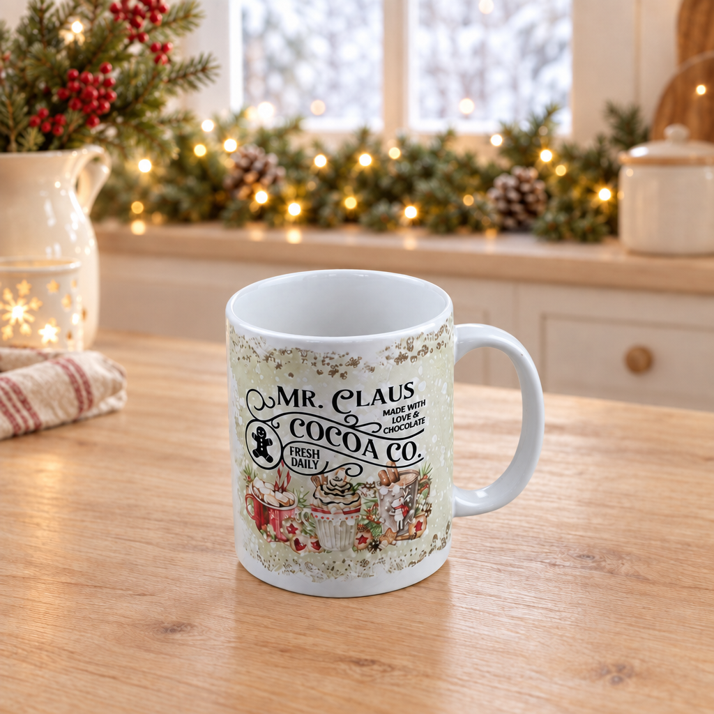White Mr Claus Cocoa Co. ceramic mug with its handle on the right in a festive cottage kitchen