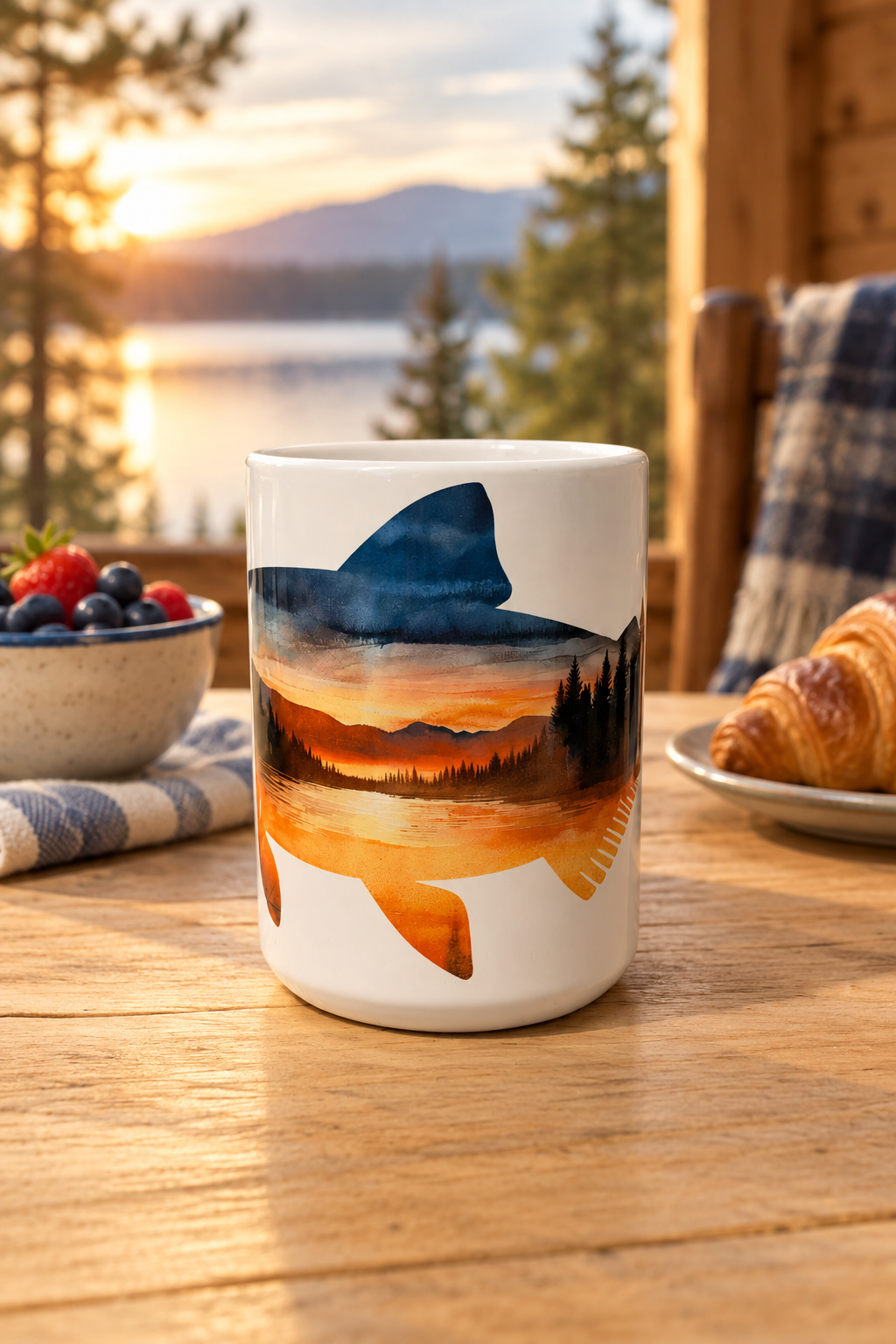 A white ceramic mug featuring a printed graphic of a shark silhouette over a scenic sunset landscape, set on a wooden table with a lake and mountains in the background.