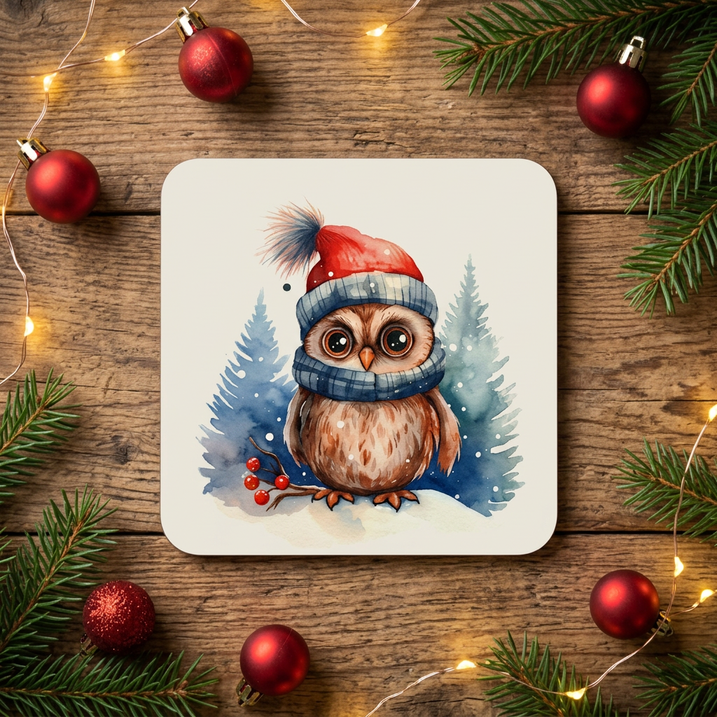 A square coaster featuring a watercolor illustration of a cute owl wearing a red Santa hat and blue plaid scarf, surrounded by holiday decorations including red ornaments, pine branches, and warm fairy lights on a rustic wooden background.