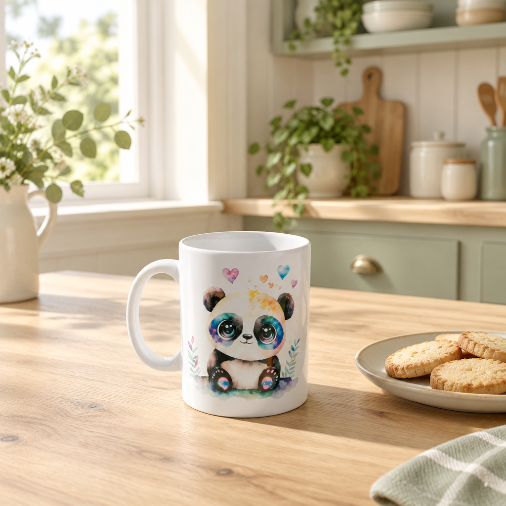 A white ceramic mug featuring a colorful watercolor illustration of a panda with large expressive eyes, placed on a wooden table in a bright kitchen setting with cookies on a plate nearby.