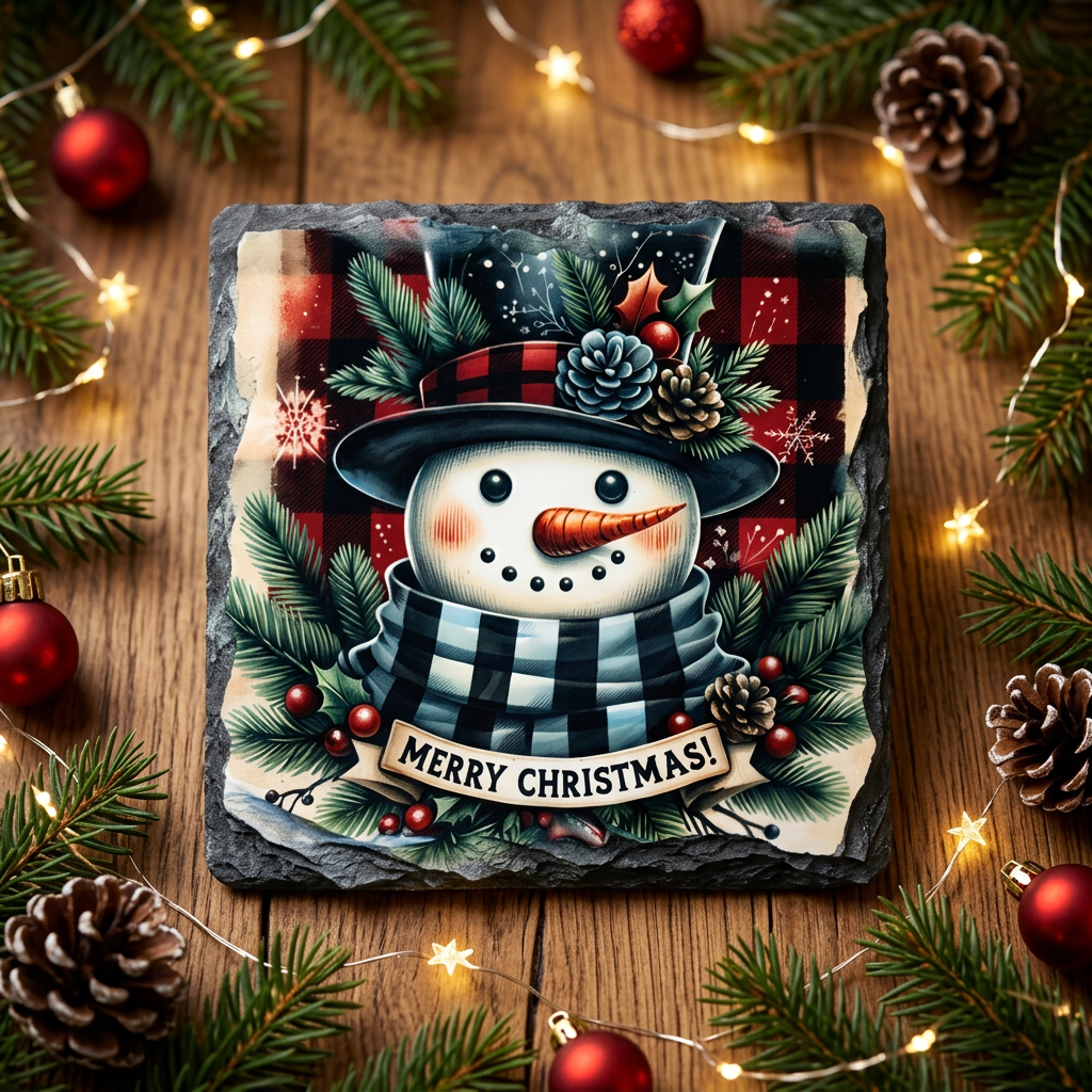 Snowman slate coaster 4 on festive wooden backdrop