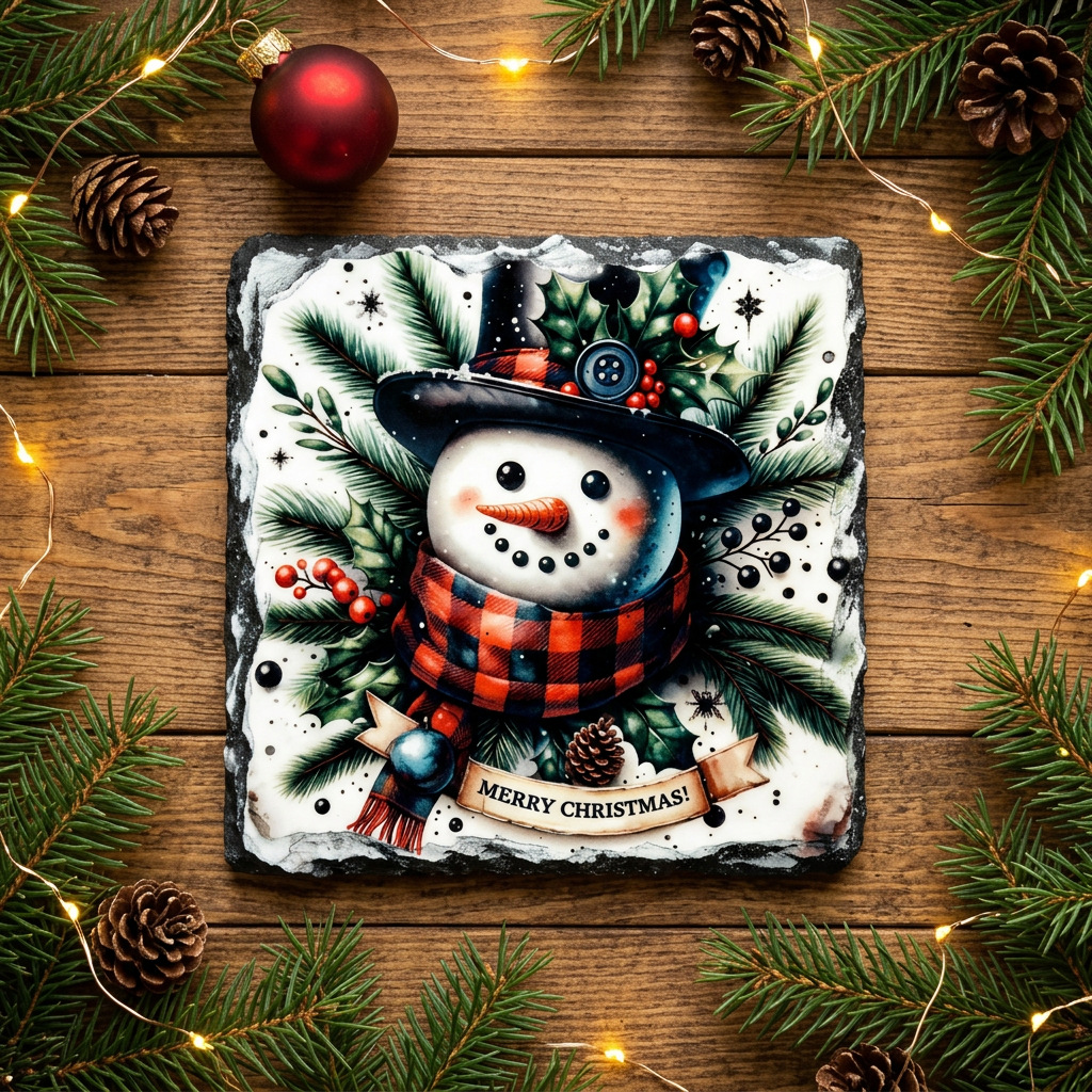 Snowman slate coaster 2 on festive wooden backdrop