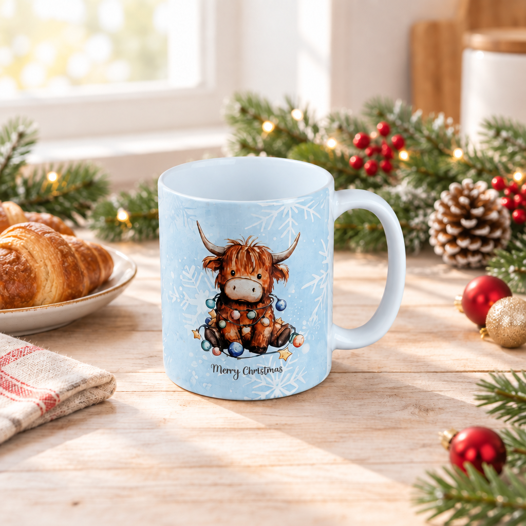 A light blue ceramic mug with a cute brown Highland cow illustration wrapped in Christmas lights, set on a wooden table surrounded by festive greenery, pinecones, and a croissant.