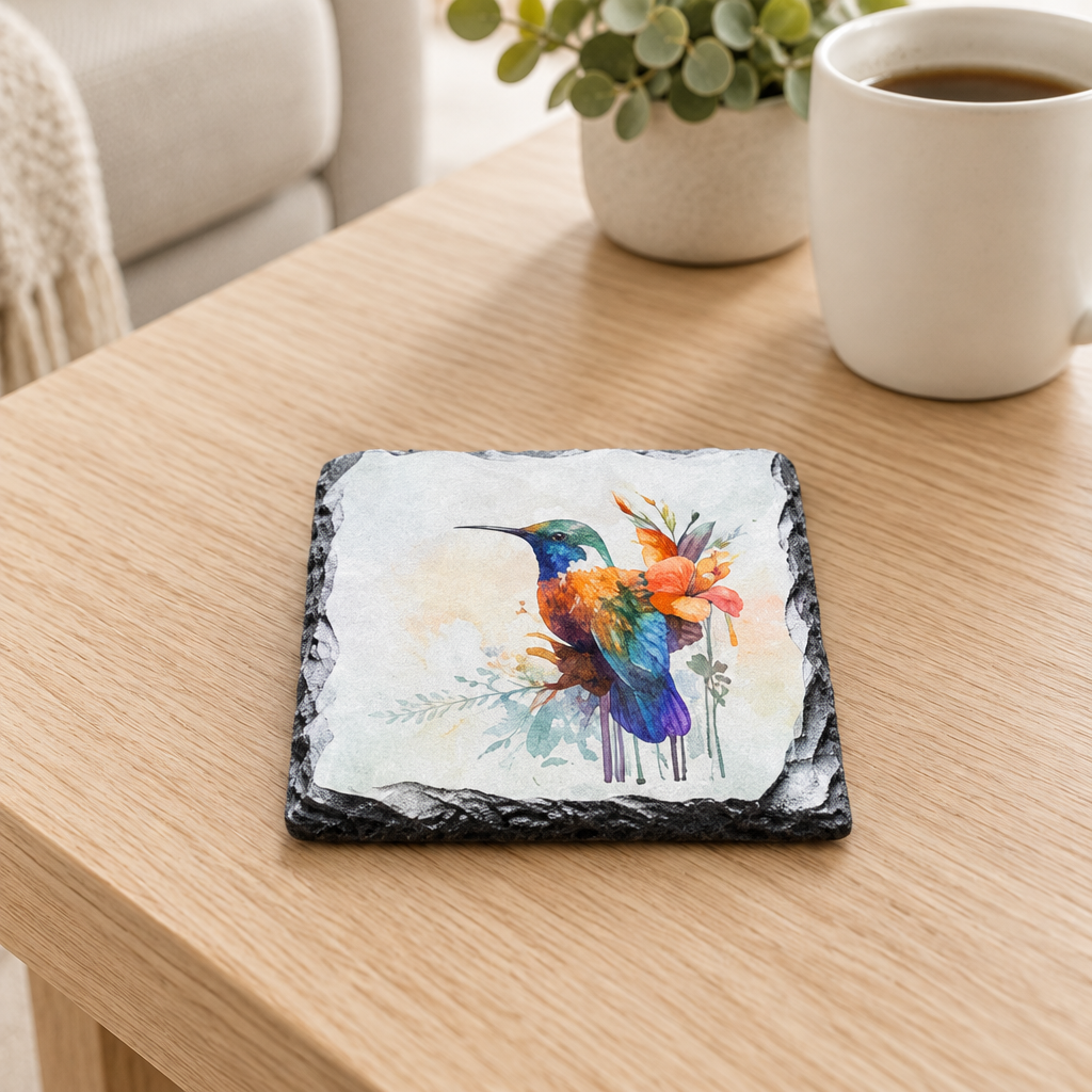A square slate coasters featuring a colorful painted hummingbird and orange flowers, resting on a light wood table next to a white mug and a potted plant.