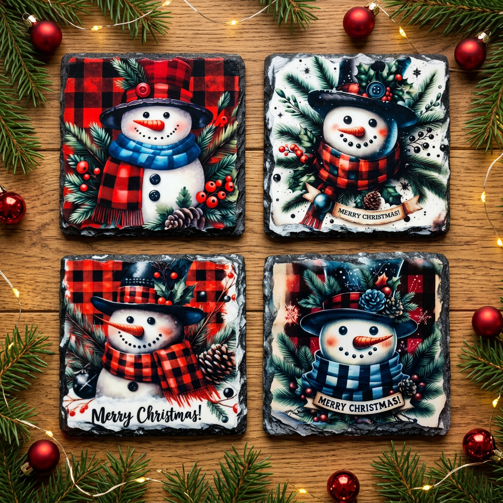 Four snowman slate coaster designs on festive wooden backdrop