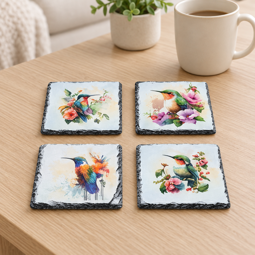 Four square slate coasters with colorful bird and floral illustrations arranged on a light wood table, with a white mug and a potted plant in the background.